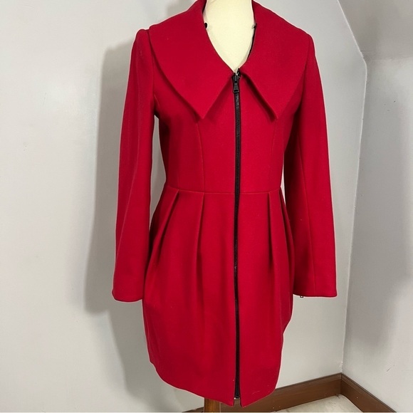 Alice + Olivia Campbell red wool coat medium fit & flare cinched waist peacoat - Picture 11 of 11